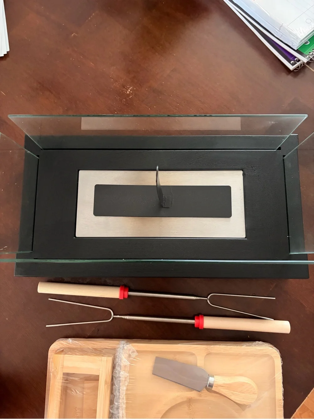 Black Tabletop Firepit with Bamboo Dessert & Fruit Boards Set & utensils